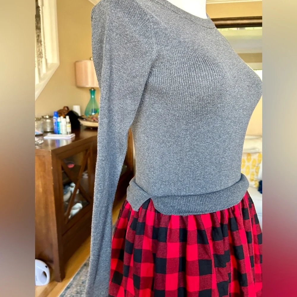 Gap Girls XL Red Buffalo Plaid 2-in-1 Sweater Dress Cotton Grey